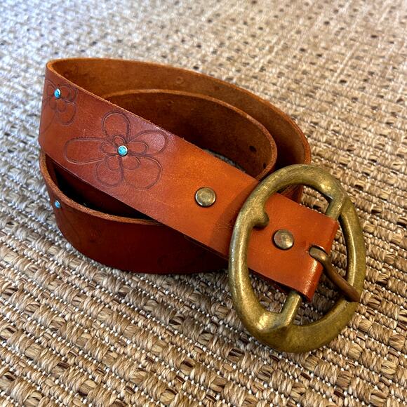 Vintage 2004 Red Monkey Designs Leather Belt - Size 36 - Turquoise & Floral